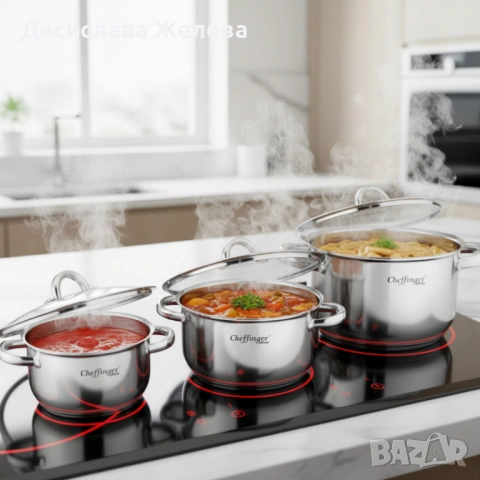 Тенджера от неръждаема стомана Cheffinger  с индукционно дъно и стъклен капак