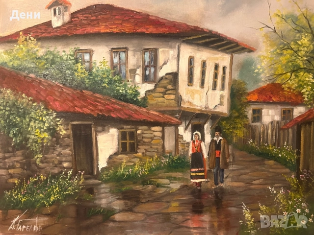 Картина с маслени бои 40/50 селски пейзаж “Дъждовен ден”