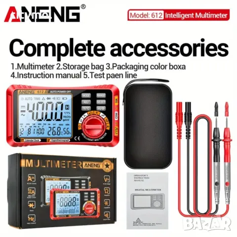 Цифров мултицет ANENG 612, AC/DC, ток, честота, съпротивление. С термохигрометър, календар, аларма, снимка 6 - Други инструменти - 48507265