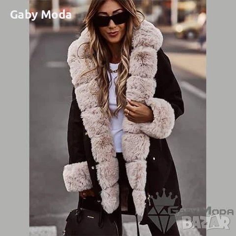 Черно дамско зимно яке парка с пух в цвят екрю, снимка 3 - Якета - 51065622