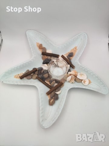 Дървена декорация морска звезда с миди , снимка 1 - Декорация за дома - 41140344