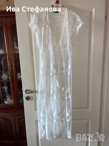 Нова ефирна плажна бяла памучна памук дантелена наметка плажна дълга риза кафтан плажна дълга рокля