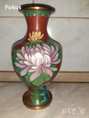 Cloisonne Клоазоне стара красива ваза бронз клетъчен емайл, снимка 5 - Антикварни и старинни предмети - 53357474