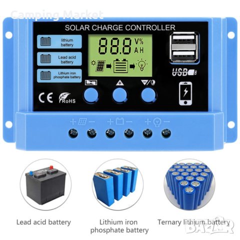 30A PWM соларно зарядно соларен контролер 12/24 с две USB x2a, снимка 2 - Друга електроника - 41798570