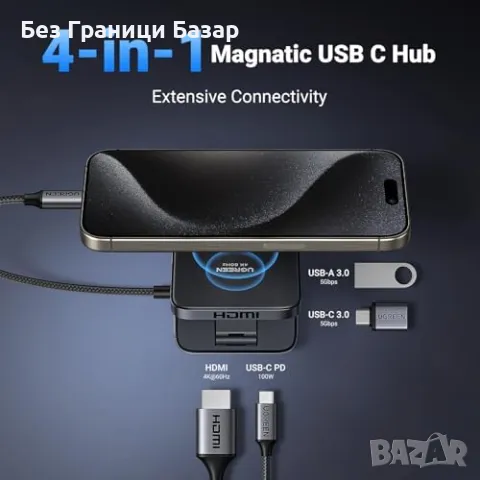 Нов Магнитен USB-C Hub UGREEN с HDMI, USB-A, 100W PD, Компактен и Сгъваем, снимка 2 - Друга електроника - 47946568