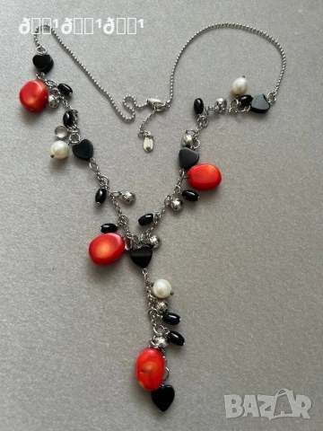 Италианско сребърно колие с естествени камъни Корал, Перла, Оникс , снимка 2 - Колиета, медальони, синджири - 52569660