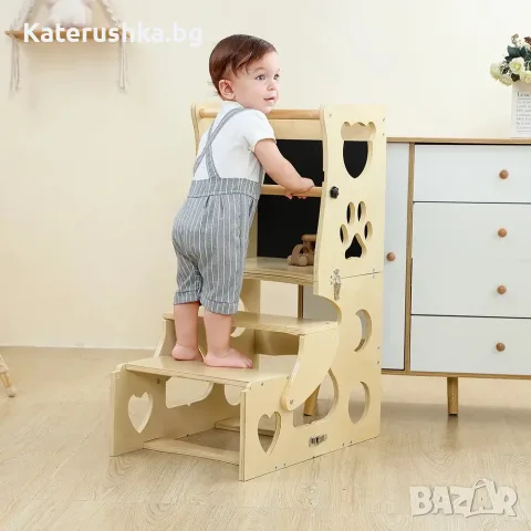 Помощна кула Монтесори за кухня, дървена кула за дете, Learning Tower, стъпало до плота
