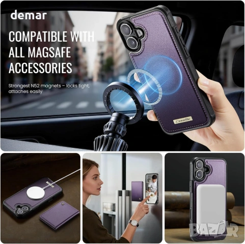 Калъф-портфейл за iPhone 17 с MagSafe, RFID блокиране, 2 в 1, лилав, снимка 5 - Калъфи, кейсове - 53720397