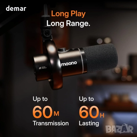 MAONO PD200W Хибриден динамичен безжичен подкаст микрофон със стойка, снимка 6 - Микрофони - 52534115