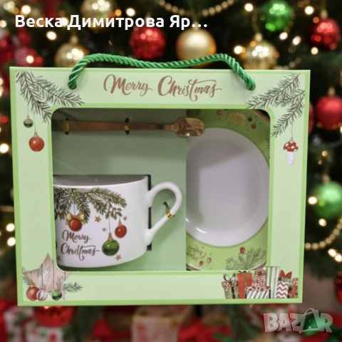 Коледен подаръчен комплект – Керамична чаша с лъжичка и чинийка в празнична кутия, снимка 2 - Коледни подаръци - 52578876
