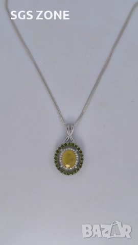 ЛУКСОЗЕН СРЕБЪРЕН ВИСУЛКА С ЖЪЛТ САПФИР, ОБГРАДЕН С ПЕРИДОТ ОТ ТАЙЛАНД, снимка 7 - Колиета, медальони, синджири - 52316723