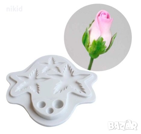 листа зеленина на роза чашка цветонос основа цвете силиконов молд форма фондан декор украса 