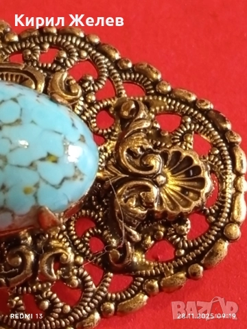 Винтидж брошка с филигран в златист цвят и овален камък ТЮРКОАЗЕН АКВАМАРИН 52242, снимка 2 - Други - 52569625