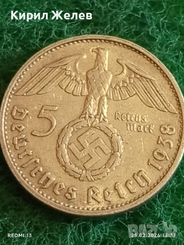 Сребърна монета 5 райхсмарки 1938г. Германия Трети Райх с Свастика за КОЛЕКЦИОНЕРИ 51761