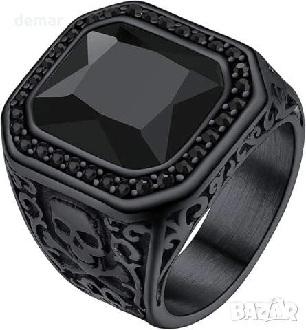 Мъжки пръстени с череп Richsteel, черен голям камък, оникс, размер S, снимка 1
