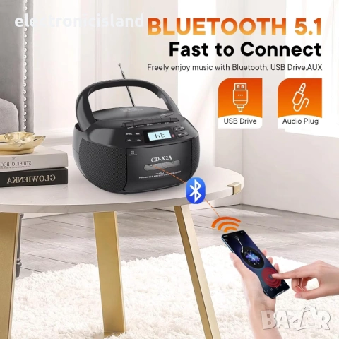 Нов Boombox Greadio CD-X2A:USB, AUX, CD Плейър, Касетофон, FM/AM радио, Bluetooth 5.1, дистанционно, снимка 3 - Радиокасетофони, транзистори - 53698051