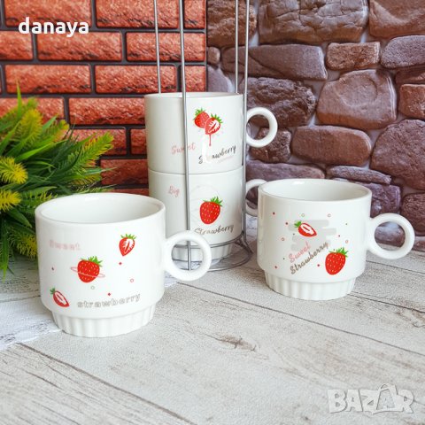 2769 Комплект керамични чаши на метална стойка Sweet Strawberry, снимка 4 - Аксесоари за кухня - 35991366