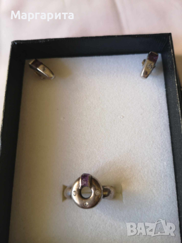 Комплект пръстен и обеци от сребро и аметисти, снимка 1 - Бижутерийни комплекти - 44819462