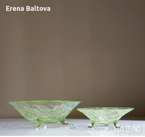 🌿🌱🍃 Старинна  фруктиера вазелиново ураново стъкло, снимка 3 - Антикварни и старинни предмети - 55973648