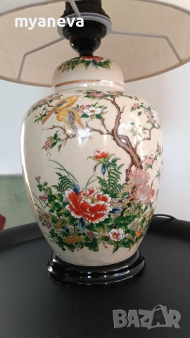 Vintage настолна лампа с порцеланова основа в азиатски стил и текстилен абажур . , снимка 6 - Настолни лампи - 53786976