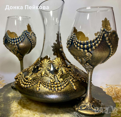 Сет за вино от 3 части декантер с 2 чаши ръчна изработка, снимка 5 - Декорация за дома - 44816490