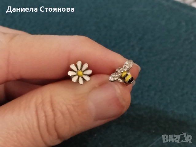 Сребърни обеци пчела и цвете, снимка 2 - Обеци - 52162319