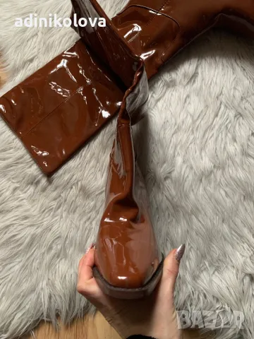 Нови кафяви лачени ботуши на дебел екстравагантен ток, снимка 6 - Дамски ботуши - 48943484