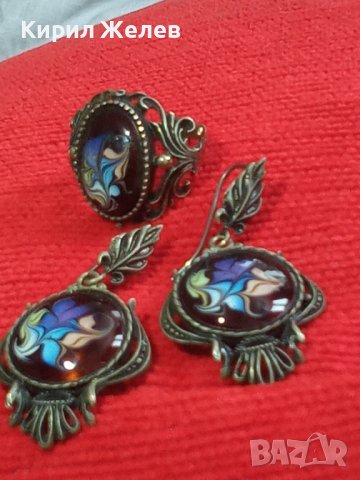 СТАРИННИ МЕЛХИОРЕНИ АР НУВО МАЙСТОРСКИ ПРЪСТЕН и ОБЕЦИ РЪЧНО РИСУВАНО Венецианско СТЪКЛО МУРАНО 7156, снимка 4 - Антикварни и старинни предмети - 37395604