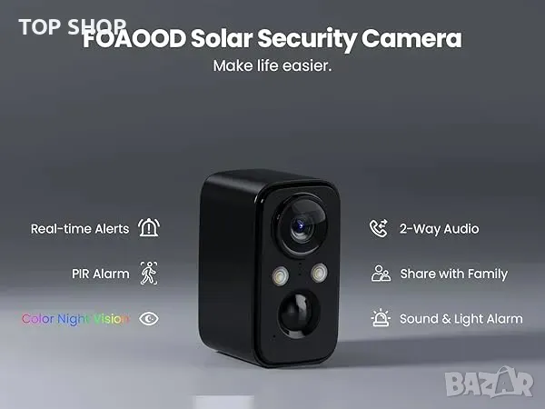 Безжична външна соларна камера FOAOOD/PIR сензор/облак/sd карта/двупосочно аудио/IP66 водоустойчива, снимка 4 - IP камери - 49308630