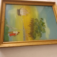 красива картина пейзаж рисувана от вътрешната страна на стъклото със дървена винтидж рамка , снимка 5 - Антикварни и старинни предмети - 44398853