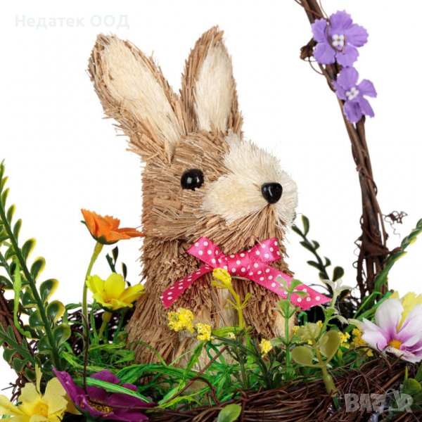 Великденскa декорация, Заек в кошница/ гнездо с цветя, 33 см, Многоцветен, снимка 1
