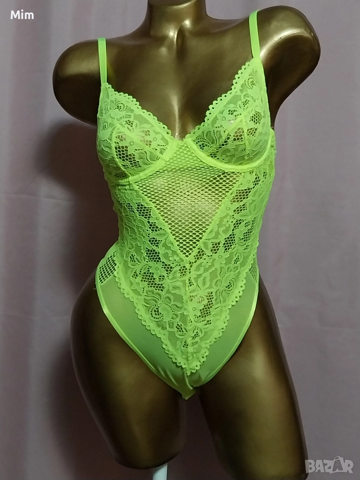 S Неоново жълто дантелено боди , снимка 1