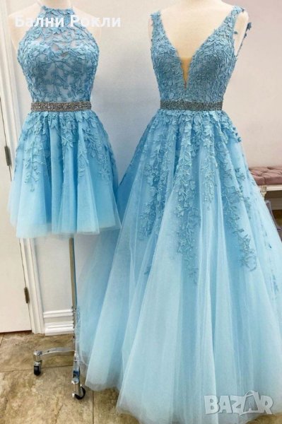 Дантелена бална рокля с 3 Д цветя в синьо, снимка 1