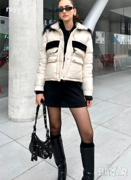 Дамско бежово яке с пух и качулка, снимка 1