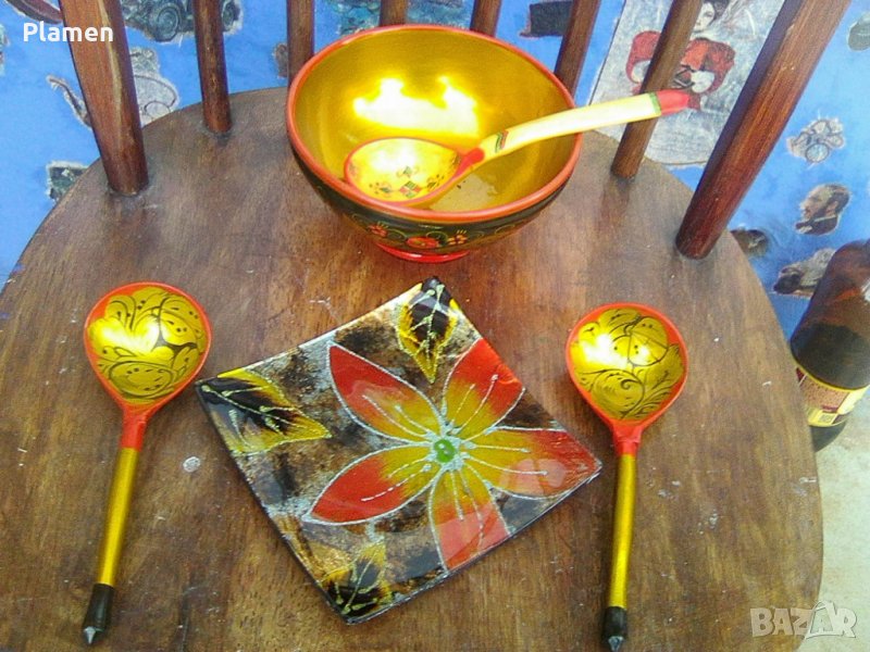 Лъжици купичка Хохлома и малка панерка от рисувано стъкло, снимка 1