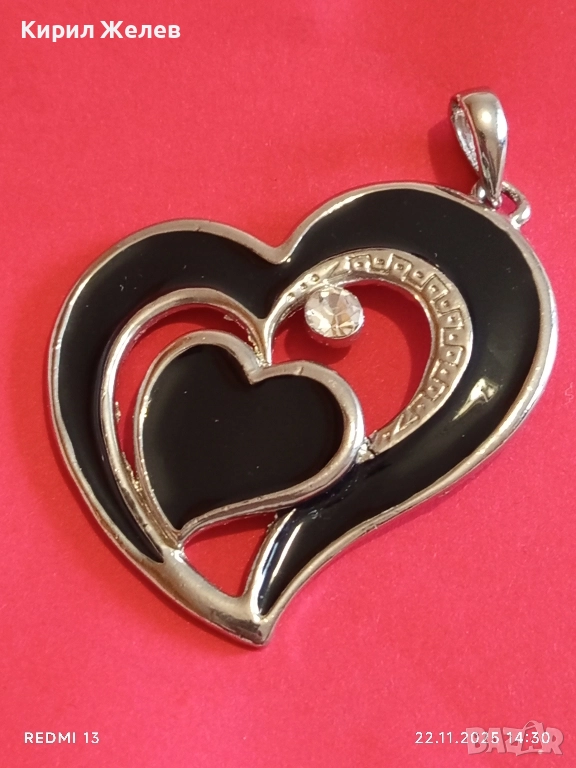 МОДНА КРАСИВА с КРИСТАЛИ ВИСУЛКА СЪРЦЕ ❤️ ЧЕРЕН ЕМАЙЛ 28379, снимка 1