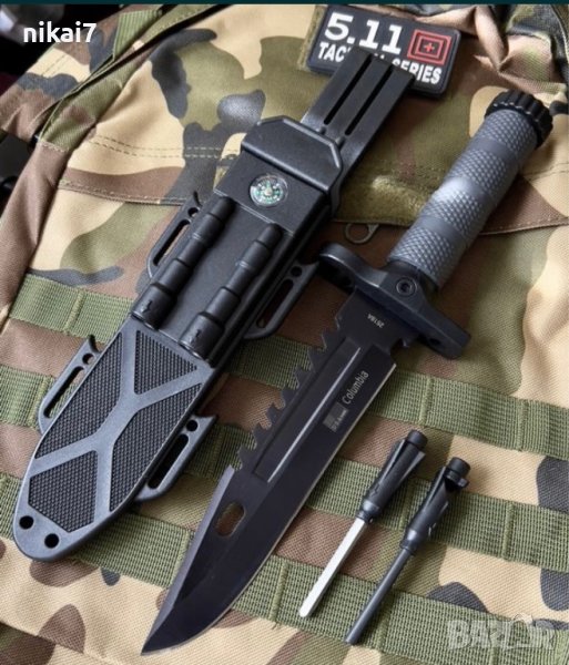 ловен НоЖ тактическият+компас+кремък+точило Columbia USA за оцеляване, снимка 1