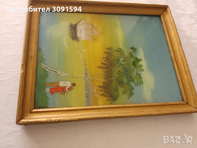 красива картина пейзаж рисувана от вътрешната страна на стъклото със дървена винтидж рамка , снимка 5 - Антикварни и старинни предмети - 44398853
