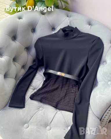 Черна блуза с мрежест акцент INTERESSANTE, снимка 2 - Блузи с дълъг ръкав и пуловери - 52550791