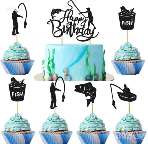 Рибар с риба Happy Birthday картонен брокатен топер топери  декор за торта рожден ден украса