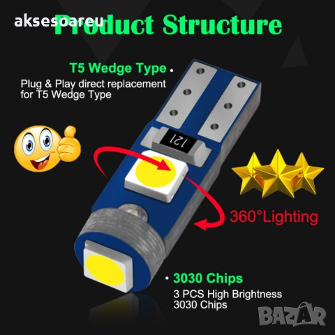 Супер ярка T5 Led крушка 3SMD 3030 светлина Лампа за арматурното табло на кола Автоматичен индикатор, снимка 14 - Аксесоари и консумативи - 41356348