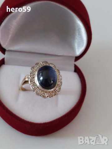 Стар антикварен златен дамски пръстен с диаманти и сапфир/злато 18 к. , снимка 2 - Пръстени - 39812205