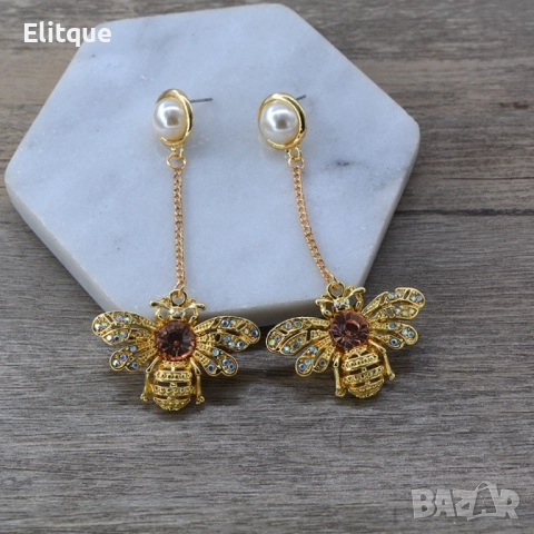 Златни обеци с висулка пчела А206, снимка 3 - Обеци - 52813015