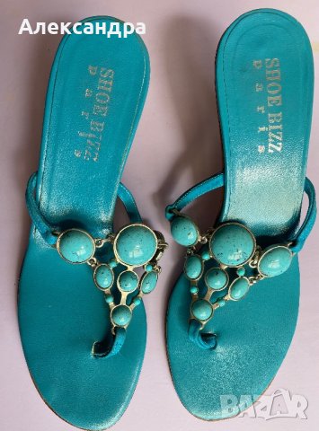 Чехли от естествена кожа с тюркоазени камъни, снимка 13 - Чехли - 42011237