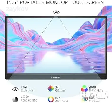 Wstirhy 15,6-инчов FHD 1080P IPS преносим сензорен екран Преносим сензорен екран с USB, снимка 2 - Монитори - 49872583