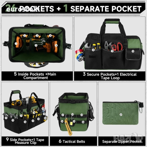 Чанта за инструменти, 40-сантиметрови тежки чанти за инструменти за мъже, 27 джоба, с широк отвор, снимка 6 - Други инструменти - 52124449