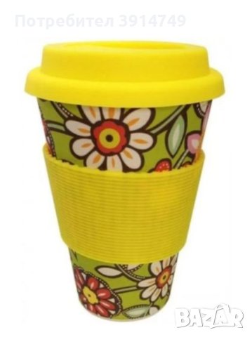 Екологично чиста чаша с капак, за многократна употреба, бамбукова материя, 400 мл, Daisies, НОВА