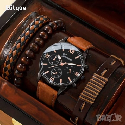 Комплект ръчен часовник с три гривни – стилен аксесоар за всеки повод, снимка 4 - Мъжки - 52853457