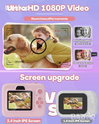 Детски фотоапарат за моментално печатане, 1080P детски фотоапарати за моментално печатане на снимки, снимка 4 - Други - 52383777