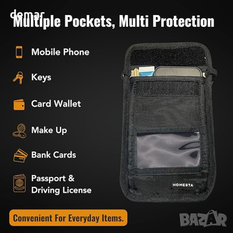 HOMESTA Унисекс чанта със защита от EMF, за телефони и дребни предмети, 18,5см х 13,5см, черна, снимка 3 - Чанти - 44535641